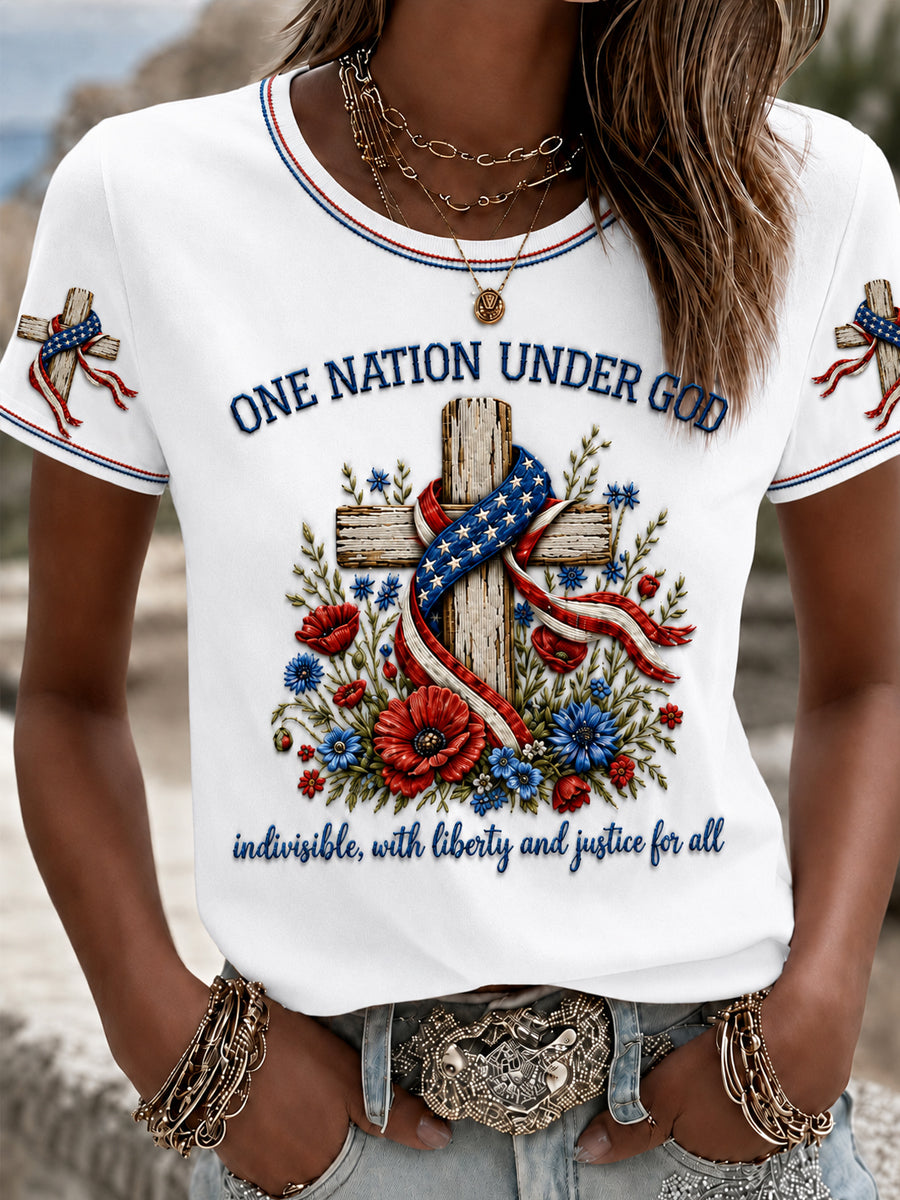 Women's Christian One Nation Under God Cross Short Sleeve T-shirt