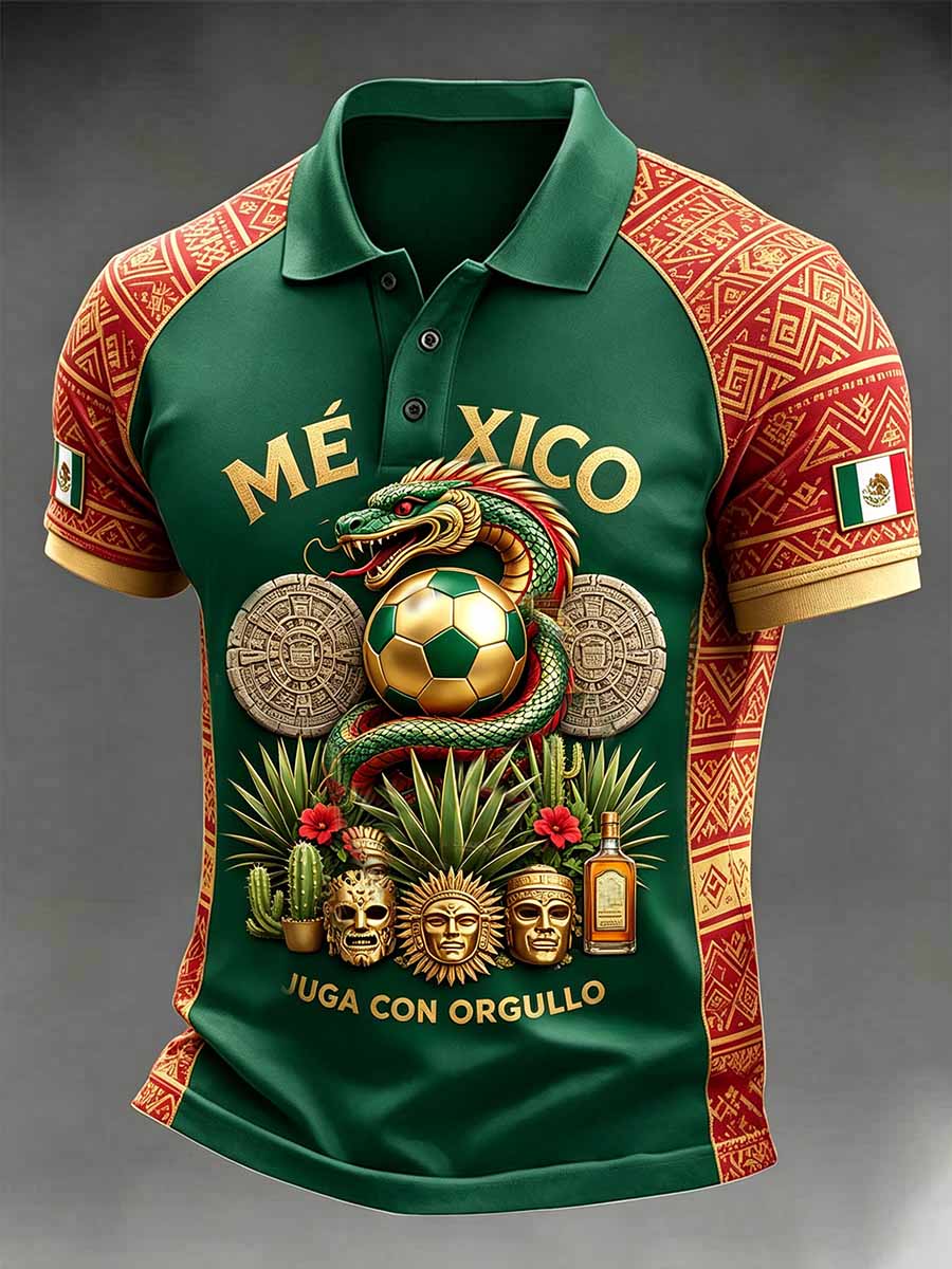 Men's Retro Mexican Football Print Casual Polo Shirt