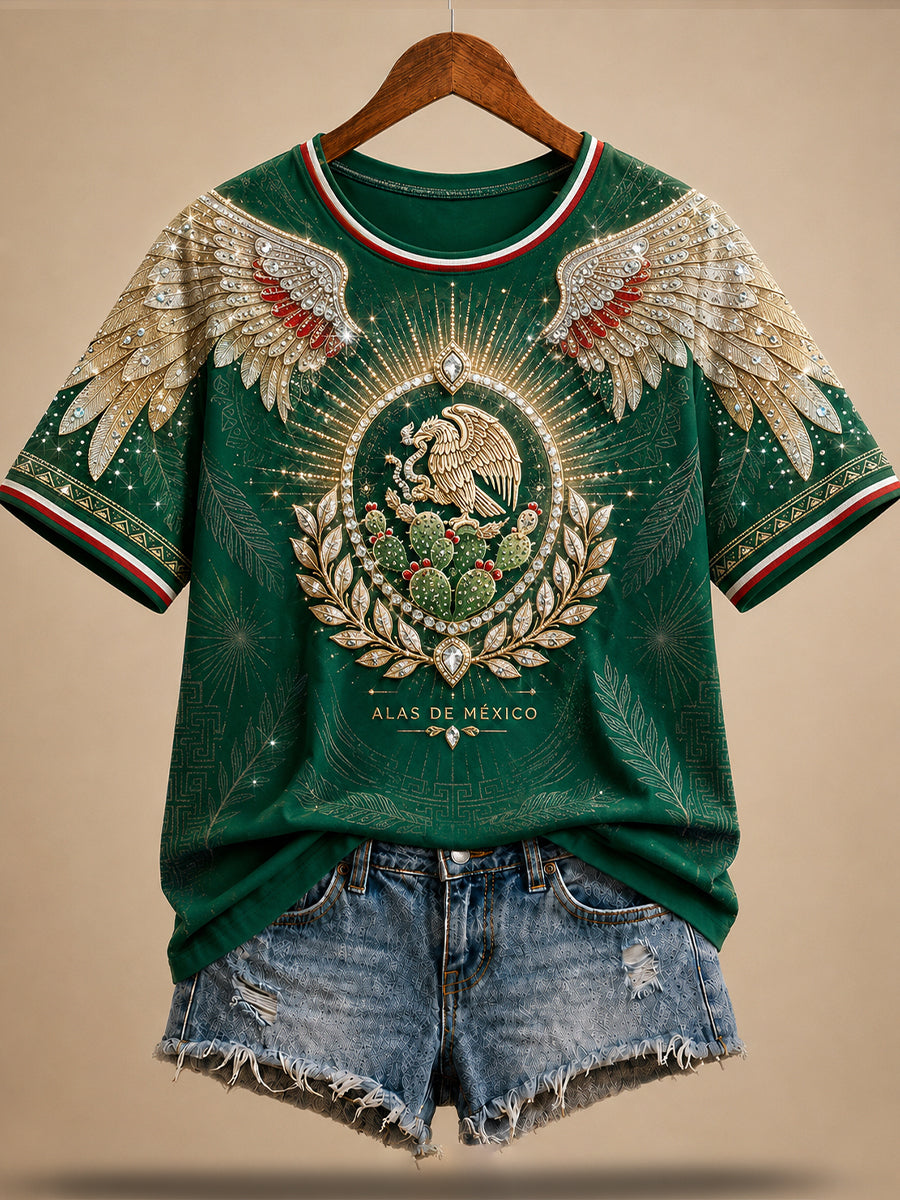 Women's Mexico Football Lover Art Printed Linen T-shirt