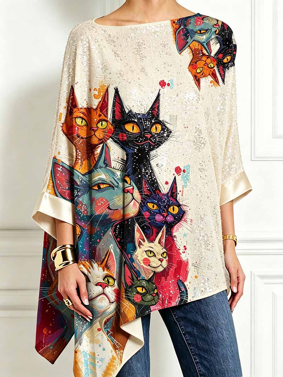 Women's Modern Graffiti Style Cat Print Irregular Hem Long Sleeve Top