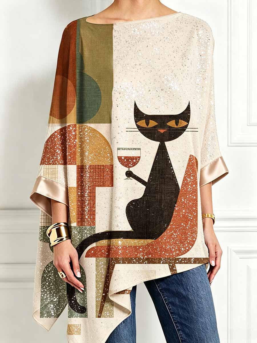 Women's Midcentury Modern Cat Printed Irregular Hem Long Sleeve Top