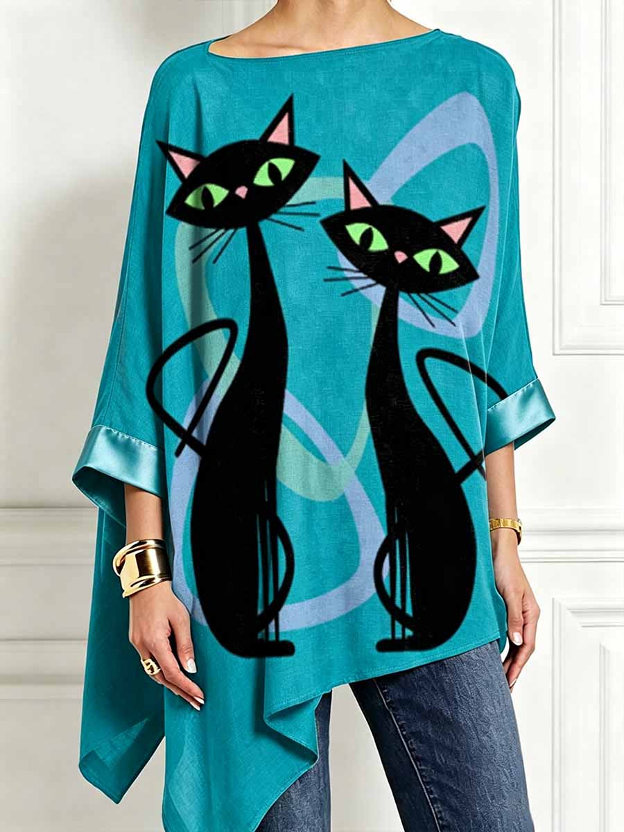 Women's Midcentury Modern Cat Printed Irregular Hem Long Sleeve Top