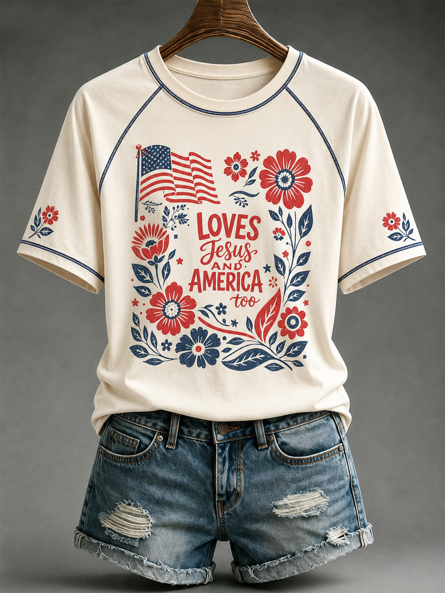 Women's Loves Jesus and America Too round neck short sleeve T-shirt