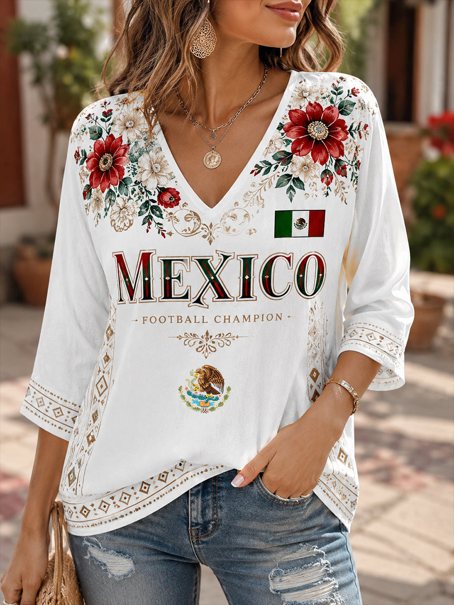 Women's Mexican Football Match Cheering Element Art Print V-Neck Top