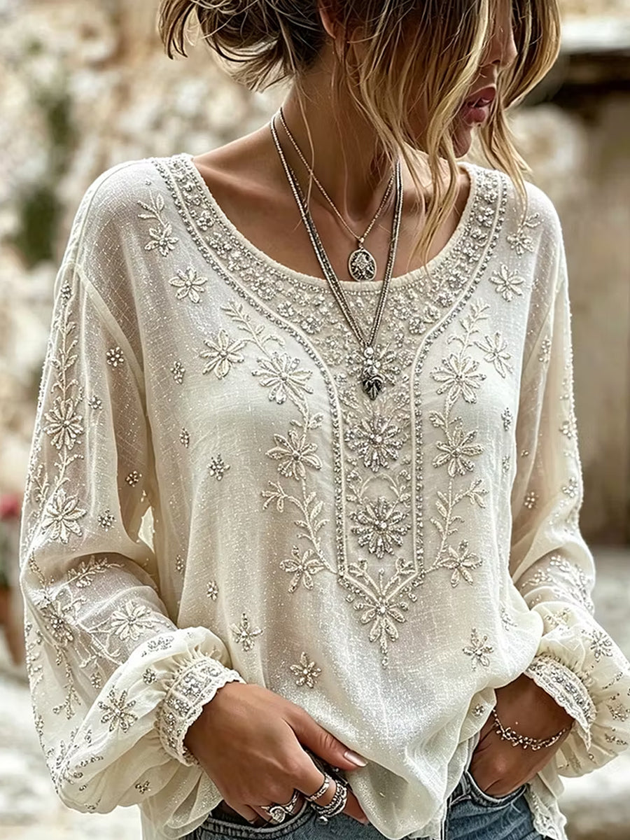 Women's Retro Floral Art Print Casual Cotton Linen Top