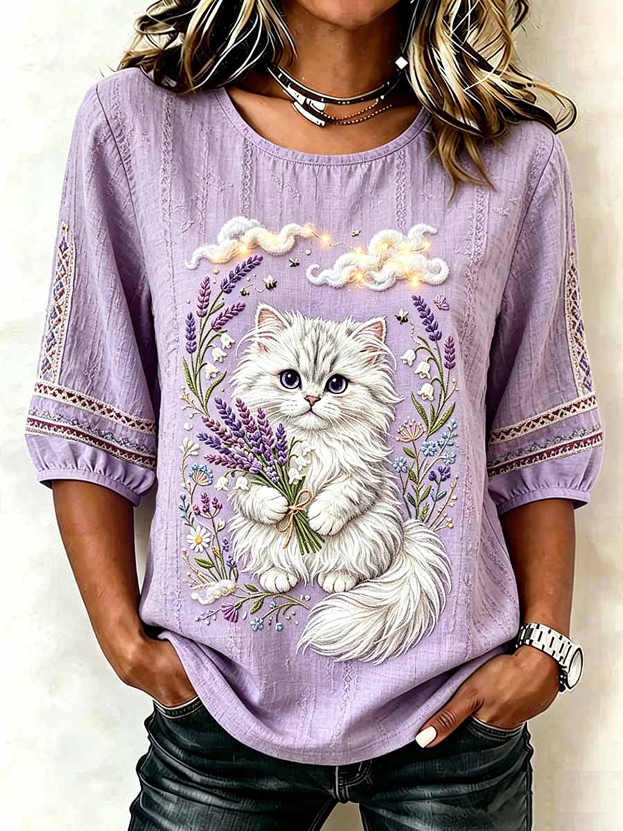 Women's Romantic Cat Pattern Printed T-Shirt