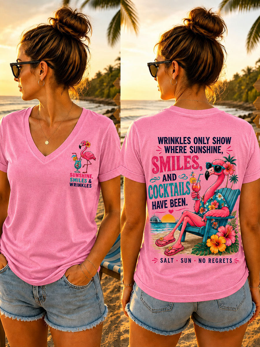 V-Ausschnitt T-Shirts Frauen "Falten zeigen nur, wo Sonnenschein, Lächeln und Cocktails waren"