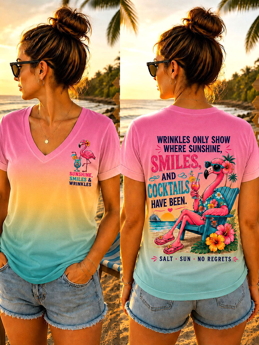 V-Ausschnitt T-Shirts Frauen "Falten zeigen nur, wo Sonnenschein, Lächeln und Cocktails waren"