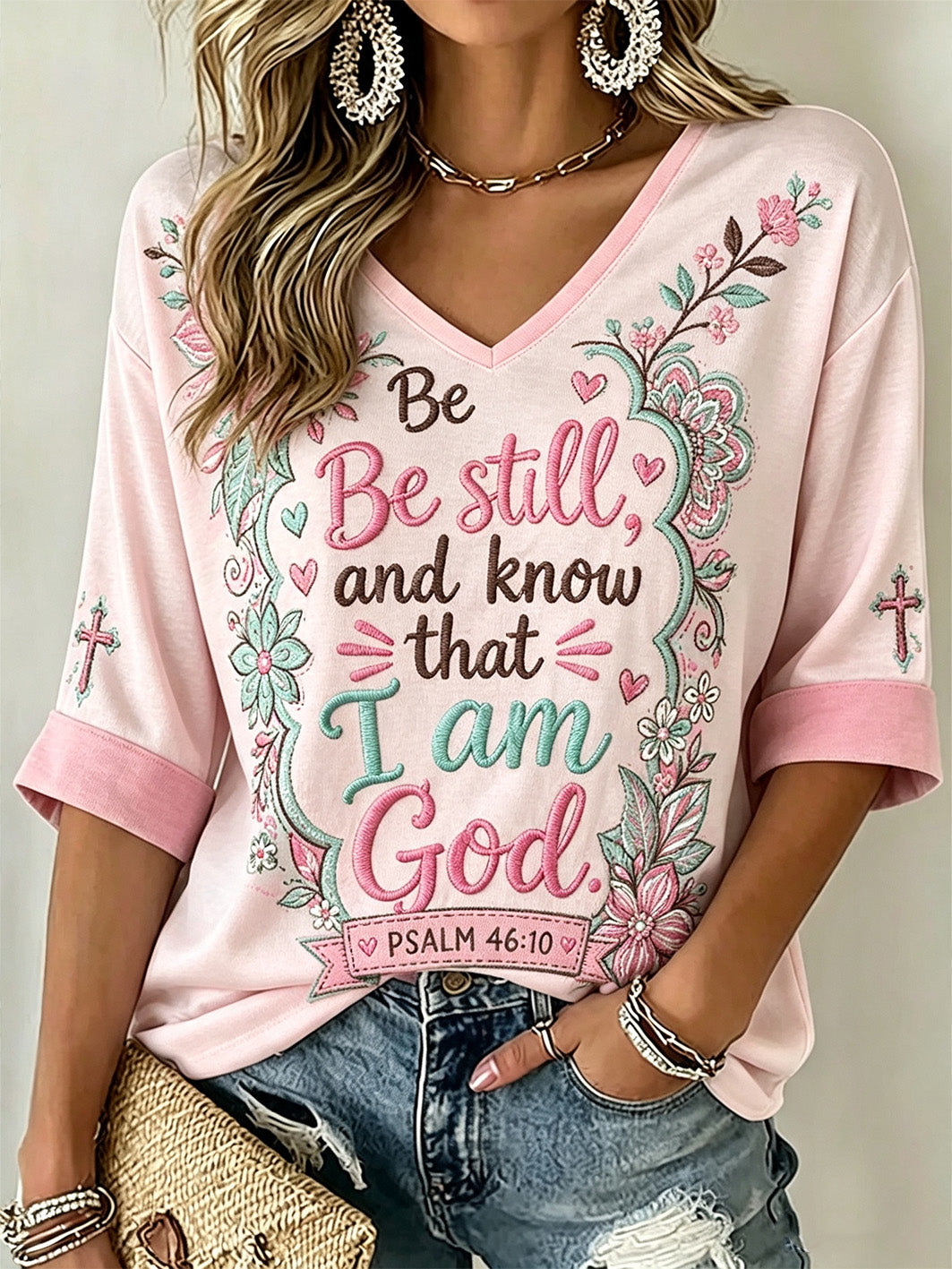 Damen-T-Shirt mit V-Ausschnitt mit Spaß-Slogan muster bedrucktes lässiges Mittellänge ärmel