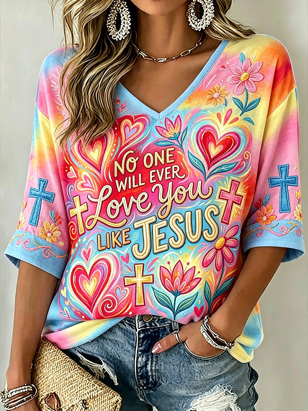 Frauen-Fun-Slogan-T-Shirt mit Glaubensmotiv, lässig, mittellange Ärmel, V-Ausschnitt, bedruckt