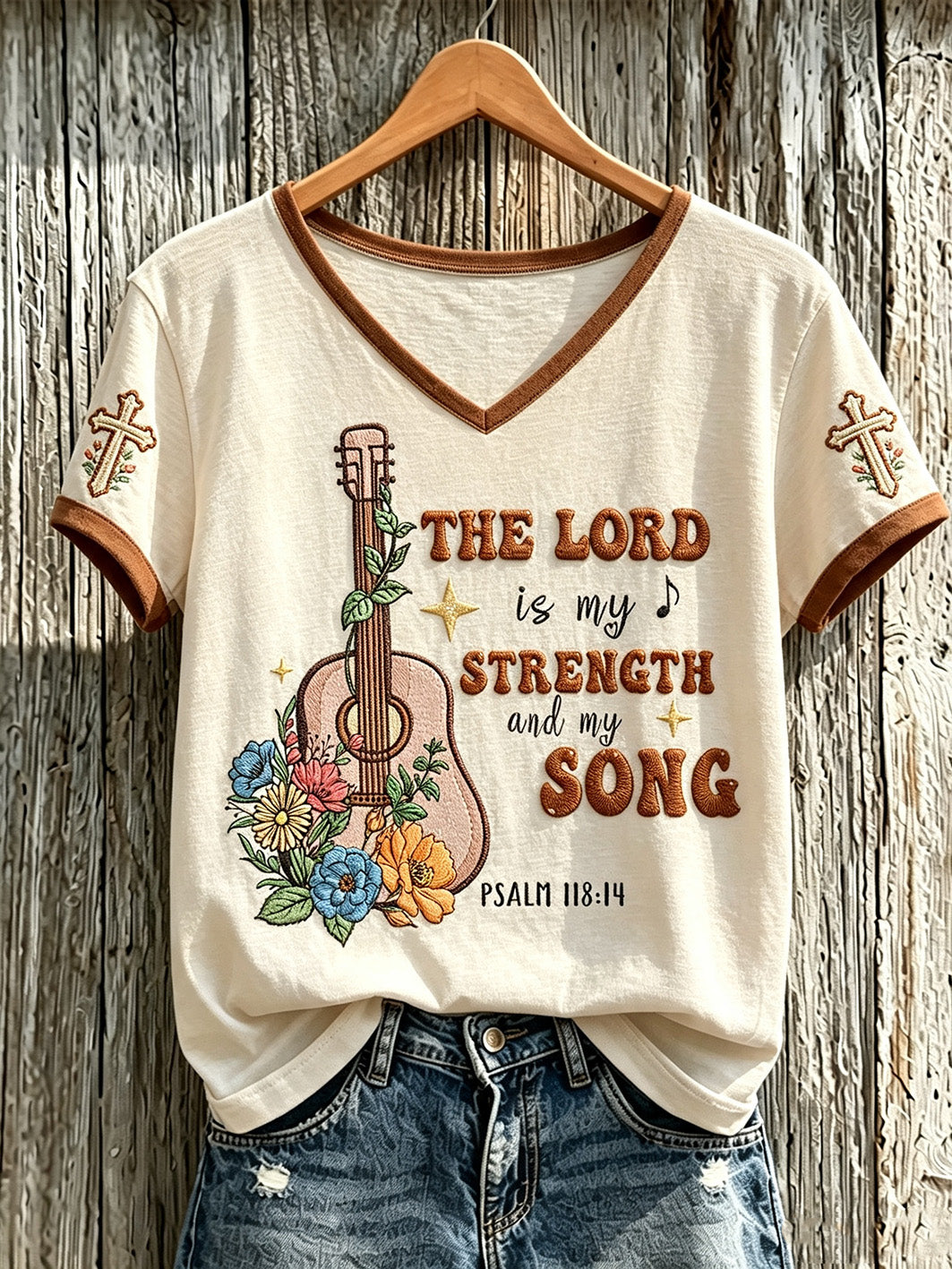 Lässiges Kurzarm-T-Shirt für Damen mit verspielter, glaubensbezogener Spruch- und Muster-Optik