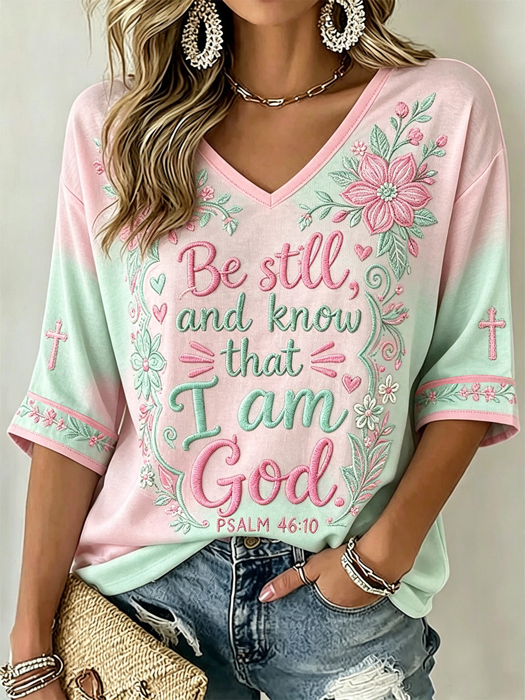 Lässiges Kurzarm-T-Shirt für Damen mit verspielter, glaubensbezogener Spruch- und Muster-Optik