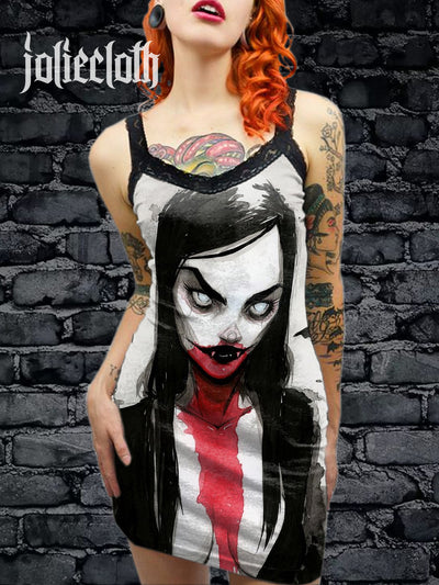 Women's Vintage Gothic Horror Art Illustration Printed Cotton Slim Fit Suspender Dress