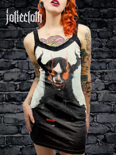 Women's Vintage Gothic Horror Art Illustration Printed Cotton Slim Fit Suspender Dress