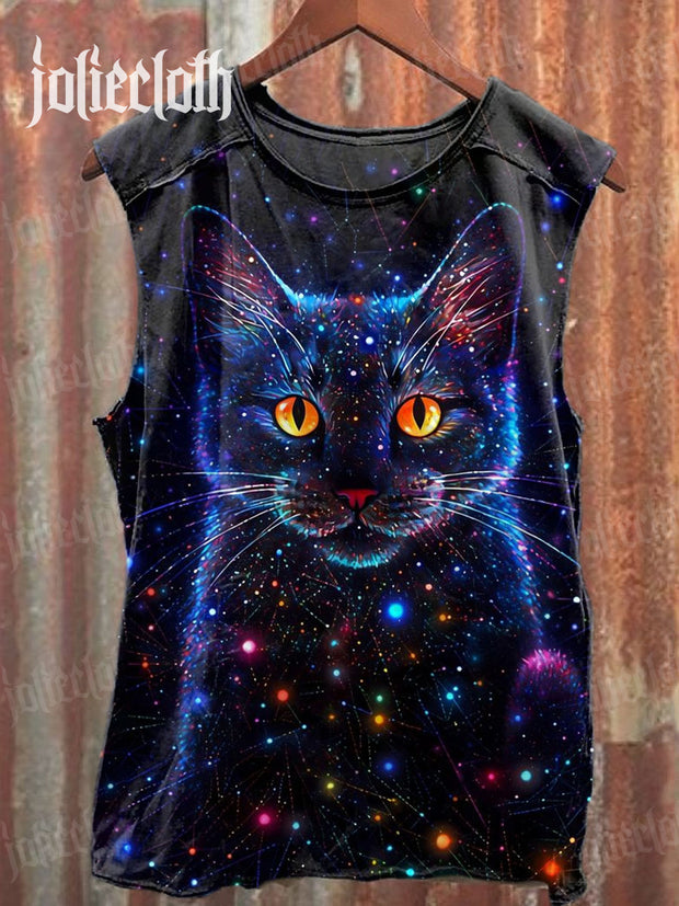 Unisex Fantasy Starry Sky Cat Art Illustration Printed Casual T-Shirt