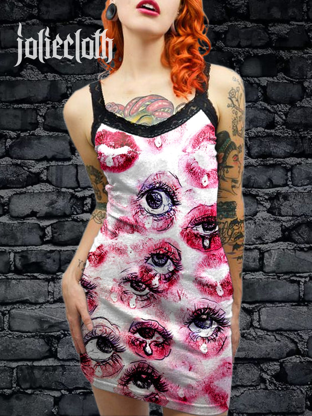 Women's Vintage Gothic Horror Art Illustration Printed Cotton Slim Fit Suspender Dress