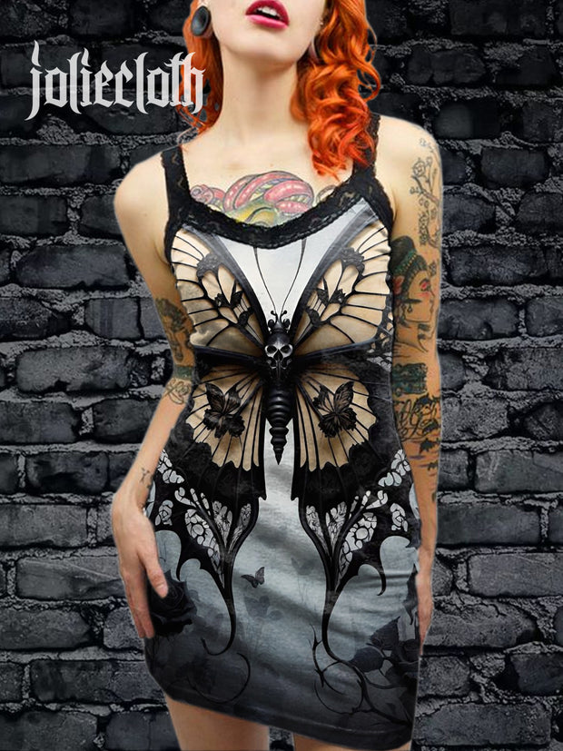 Women's Vintage Gothic Butterfly Art Illustration Printed Cotton Slim Fit Suspender Dress