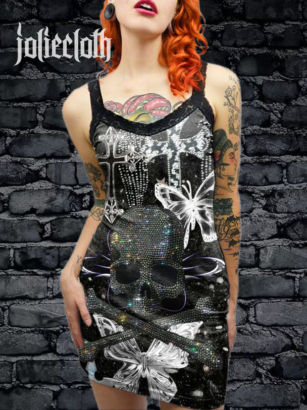 Women's Retro Punk Skull Art Illustration Printed Cotton Slim Fit Suspender Dress