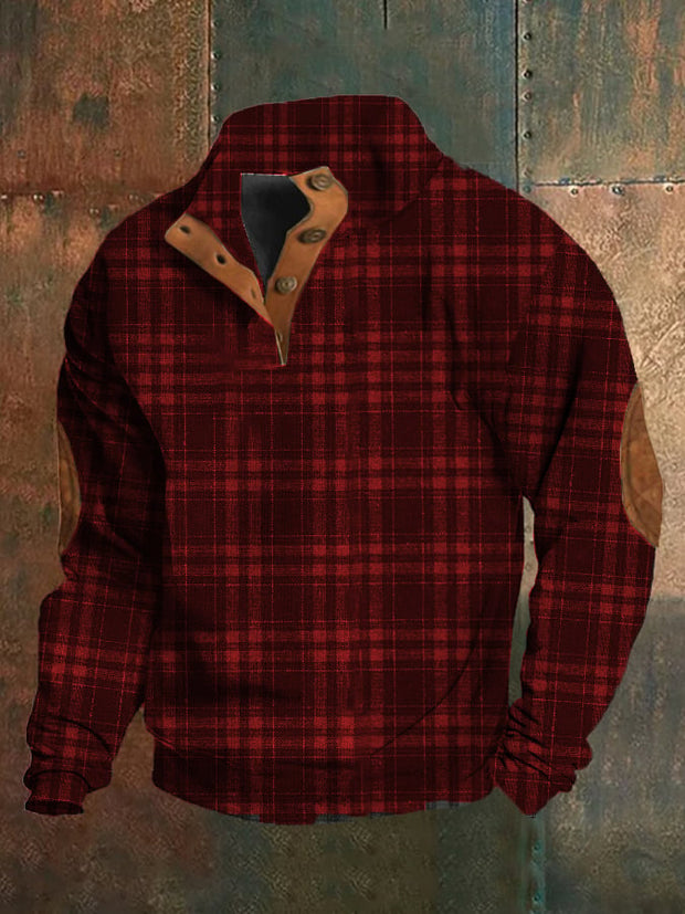 Men's Western Vintage Plaid Print Stand Collar Button-Down Sweatshirt