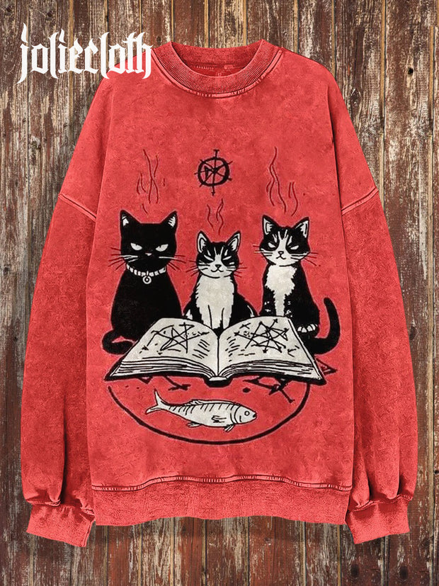 Unisex Magic Cat Print Halloween Crew Neck Casual Sweatshirt