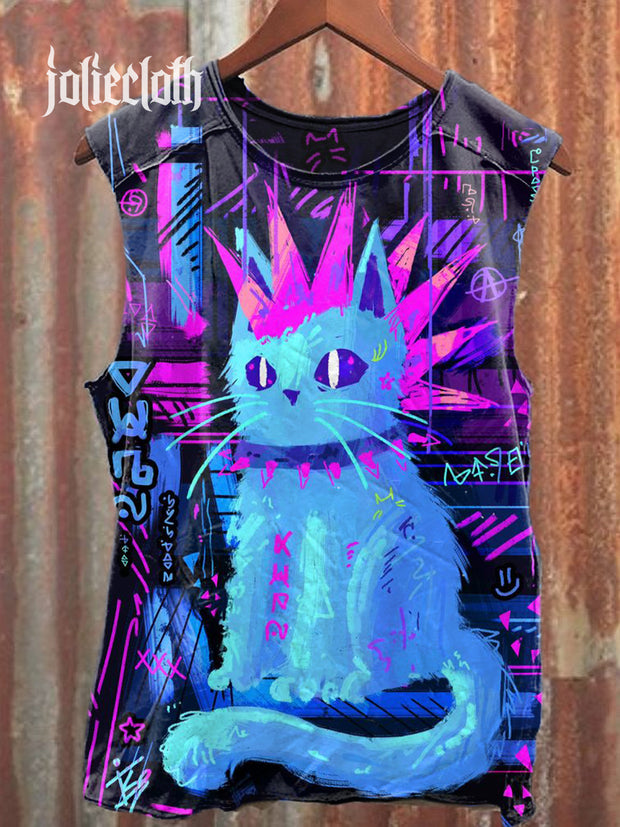 Unisex Punk Gothic Cat Art Illustration Printed Casual Tank Top