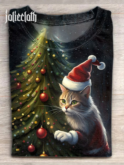 Unisex Christmas Cute Cat Art Illustration Casual Short Sleeve T-Shirt