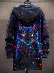 Unisex Fantasy Starry Sky Cat Art Illustration Printed Casual Plush Jacket