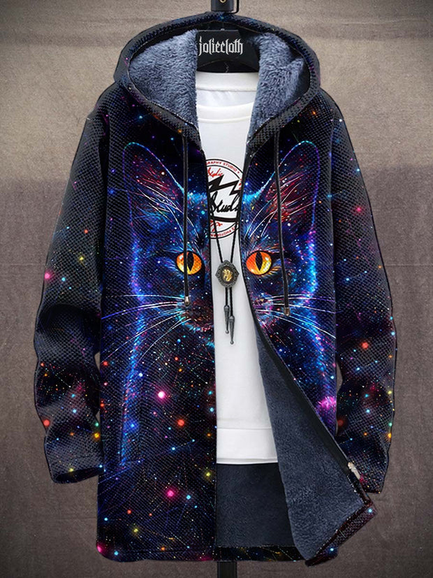 Unisex Fantasy Starry Sky Cat Art Illustration Printed Casual Plush Jacket