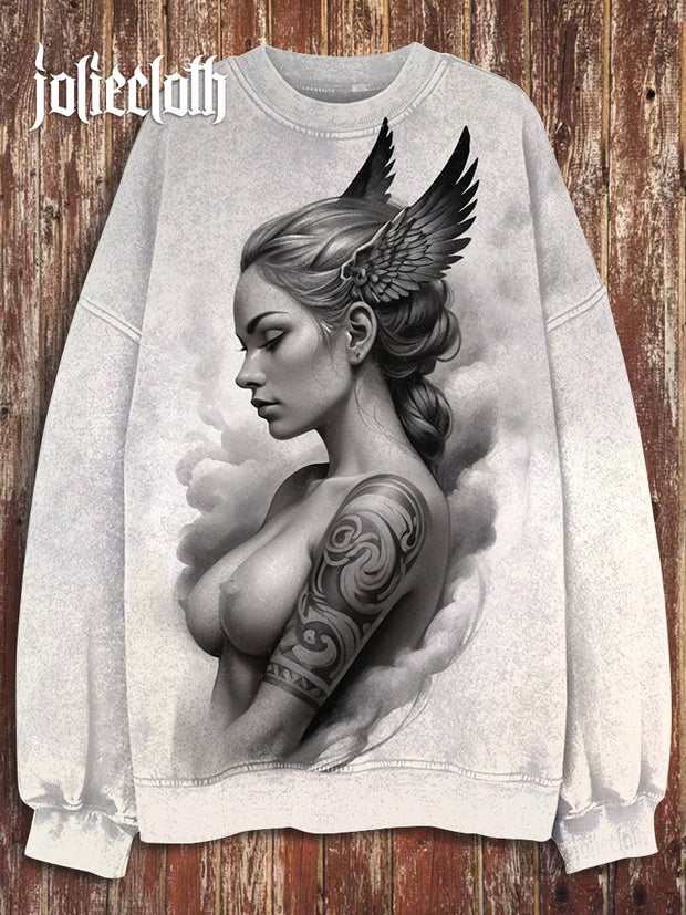 Unisex Retro Valkyrie Art Illustration Printed Casual Long Sleeve Sweatshirt