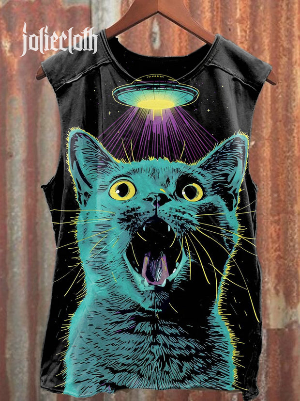 Unisex Space Screaming cat UFO Art Illustration Printed Casual Tank Top