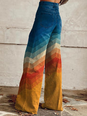 Women's Orange and Blue Stripes Print Casual Wide Leg Pants