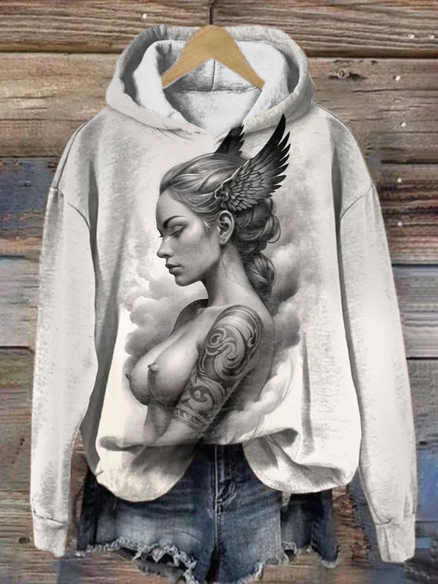 Unisex Retro Valkyrie Art Illustration Printed Casual Long Sleeve Sweatshirt