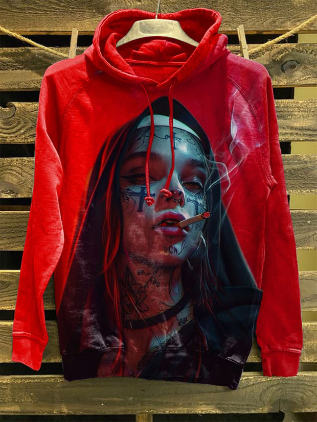 Tattooed Nun Smoking Print Casual Sweatshirt