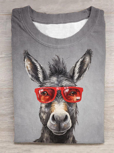 Unisex Donkey With Glasses Art Illustration Print Casual T-Shirt