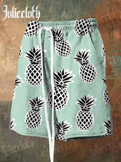 Men's Hawaiian Pineapple Fruit Art Illustration Printed Casual Shorts