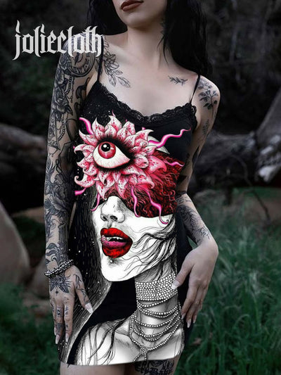 Women's Vintage Horror Art Illustration Printed Cotton Slim Fit Suspender Dress