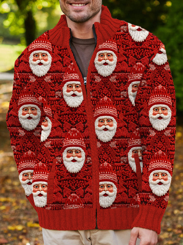 Christmas Santa Claus Cutout Embroidery Men's Zipper Sweater