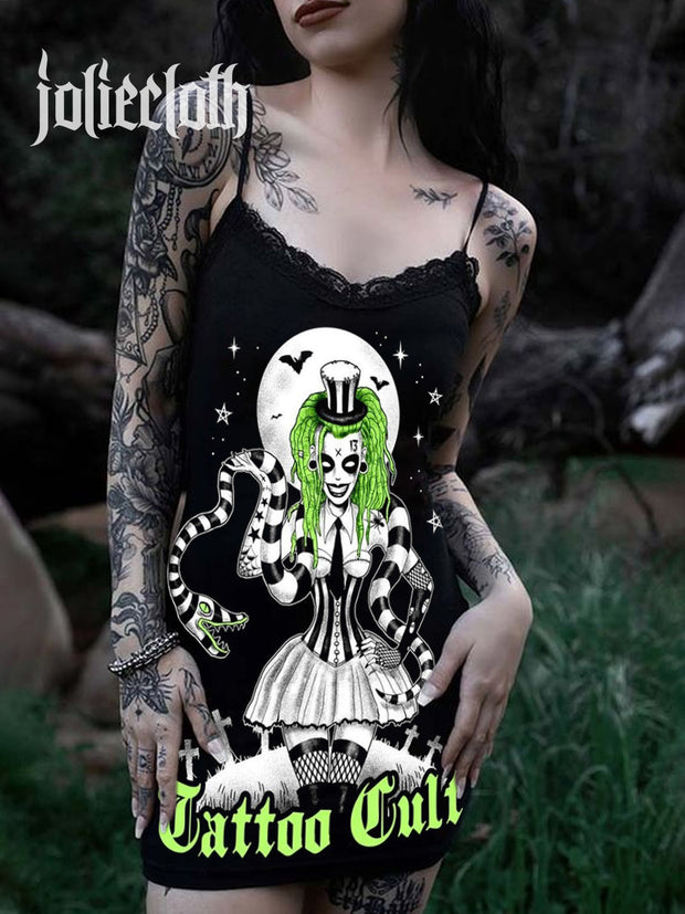 Women's Vintage Horror Art Illustration Printed Cotton Slim Fit Suspender Dress