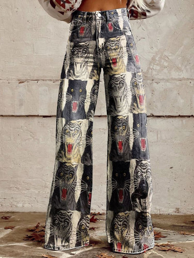 Women's Vintage Hand Drawn Tiger Art Print Casual Wide Leg Pants