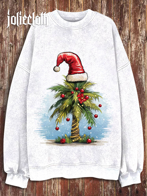 Unisex Christmas Palm Tree Art Illustration Printed Casual Long Sleeve Sweatshirt