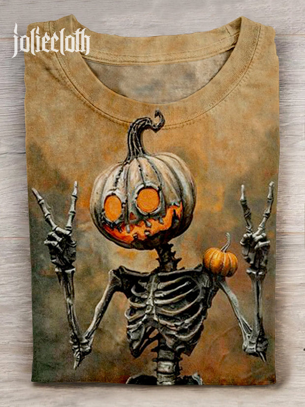 Unisex Pumpkin Head Skeleton Art Print Casaul Short Sleeve T-shirt