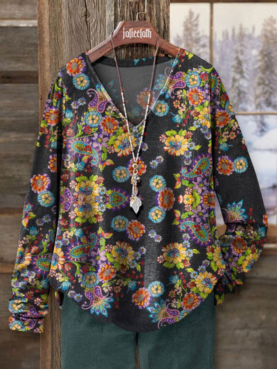 Women's Vintage Floral Art Print Casual V-neck Long Sleeve Shirt