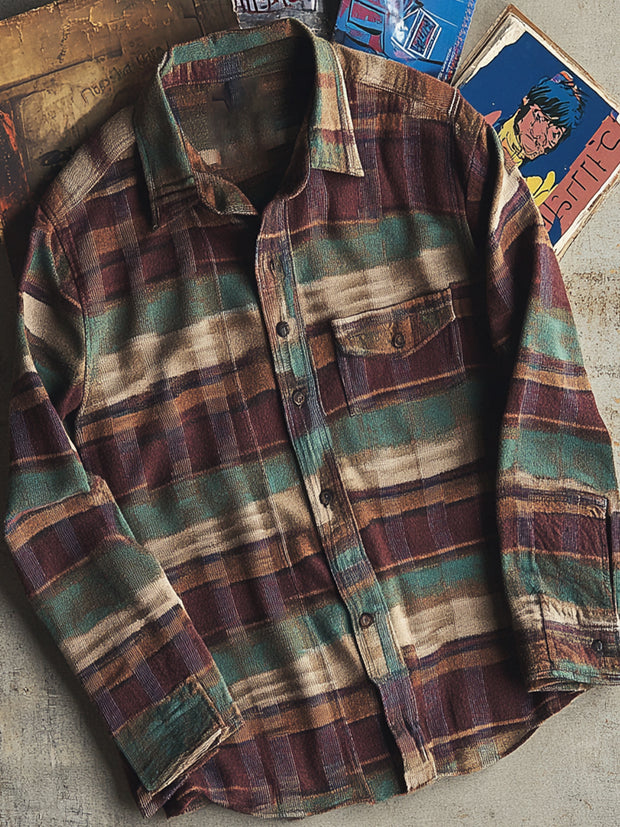 Men's Cotton and Linen Long-Sleeved Plaid Shirt Tops