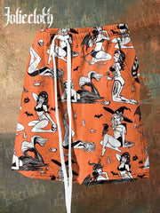 Men's Halloween Witch Art Illustration Printed Casual Shorts