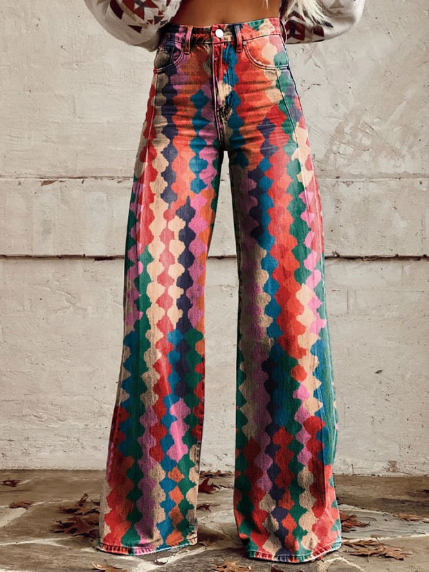 Women's Vintage Print Casual Wide Leg Pants