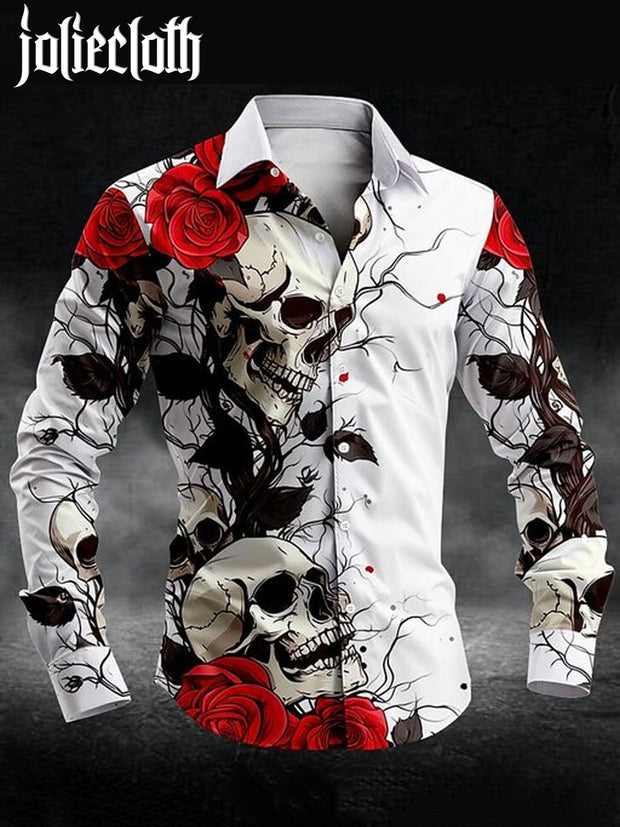 Men's Rose Skull Print Long Sleeve Shirt