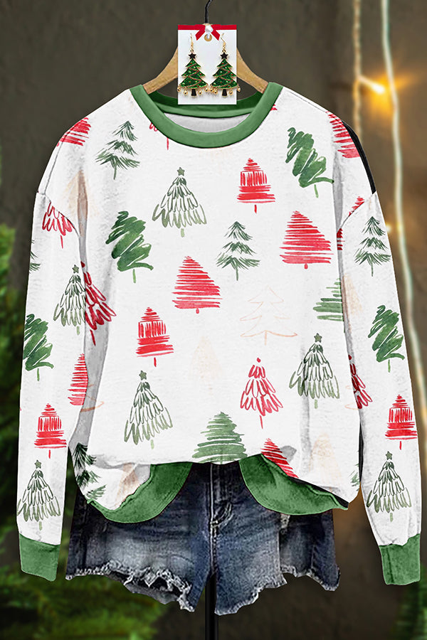 Pretty Christmas Tree Painted Print Sweatshirt