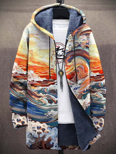 Unisex Multicolor Art Waves Print Plush Thick Long-Sleeved Sweater Cardigan Coat