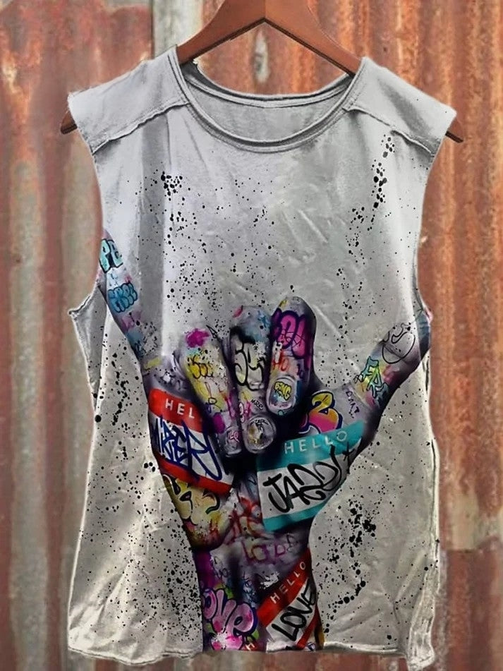 Unisex Retro Graffiti Art Pattern Print Casual Cotton Tank Top