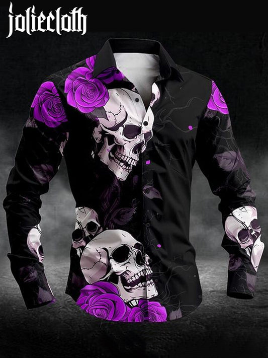 Men's Rose Skull Print Long Sleeve Shirt